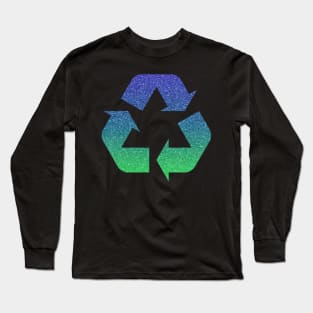 Green Blue Ombre Faux Glitter Recycle Symbol Long Sleeve T-Shirt